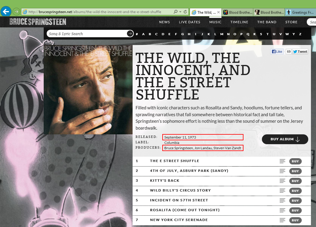Błędy na oficjalnej stronie Bossa. Płyta The Wild, the Innocent, and the E Street Shuffle miała premierę 5 listopada, a producentami byli Mike Appel i Jim Cretecos.